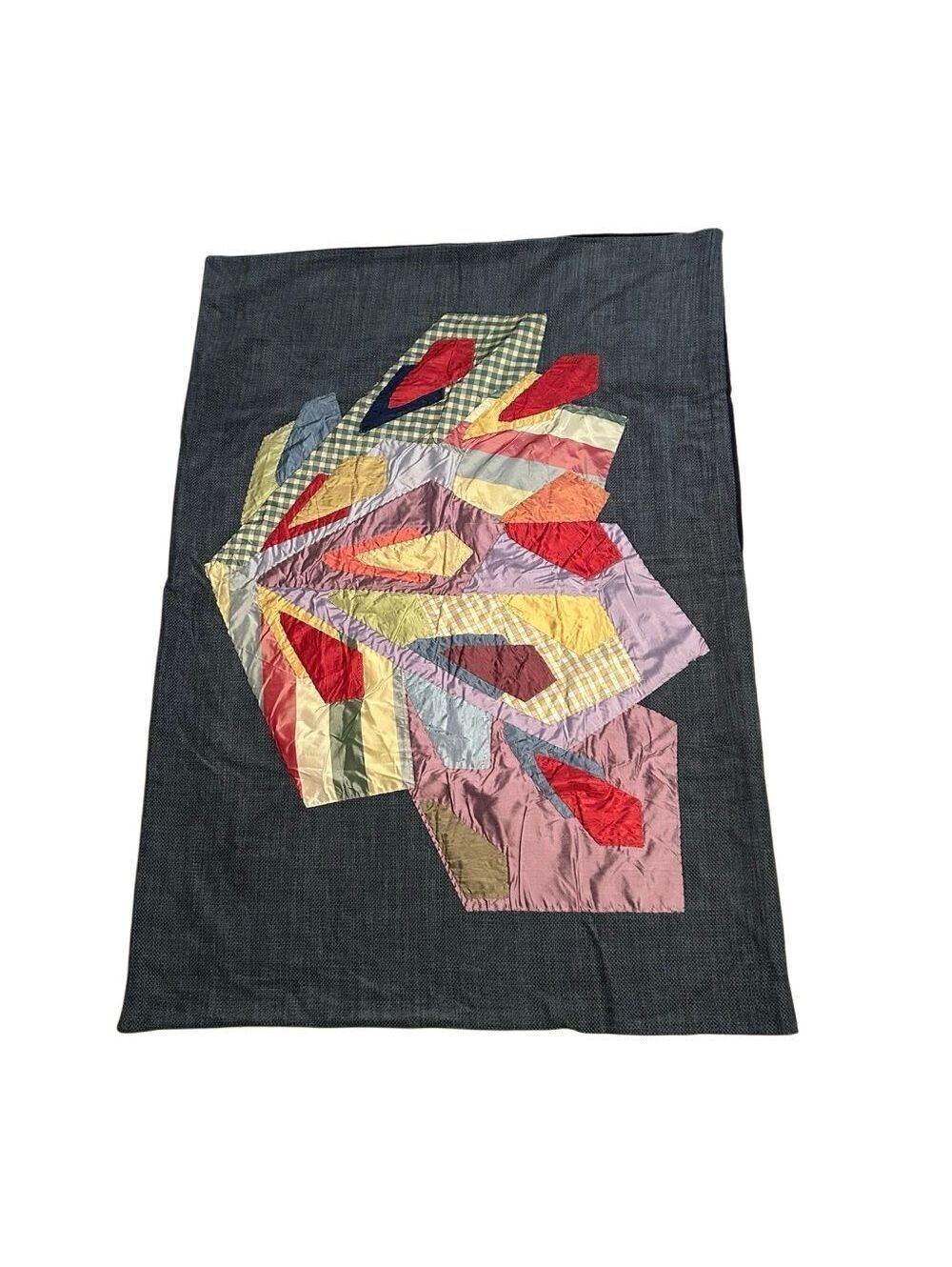 Vintage Crazy Quilt Throw Blanket Wall Hanging Geometric satin Gingham54 x 38